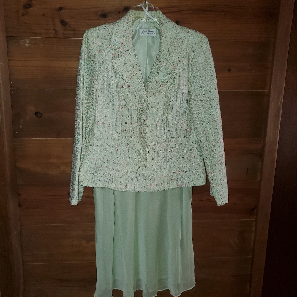 Giorgio Fiorlini Tweed Jacket & Chiffon Skirt Suit, Size: L, Light Green…